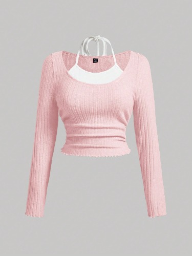 SHEIN MOD Plus Size Spring Two Tone Lettuce Trim Tie Back 2 In 1 Tee