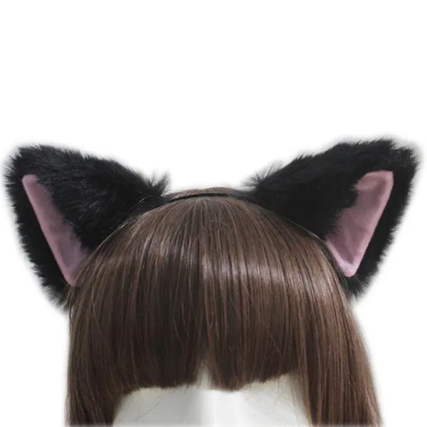 lasenersm 1 Piece Cat Fox Long Fur Ears Headband Cute Cat Fox Long Fur Ears Anime Cosplay Headband for Anime Cosplay Party Costume Halloween Party Black Fluff with Pink Inside - 