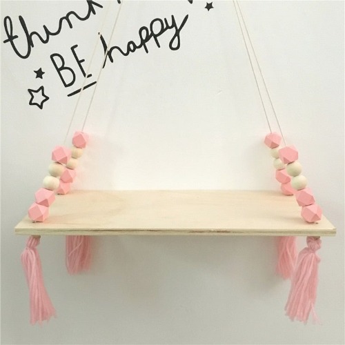 Beaded Hanging Wooden Shelf - Baby Pink