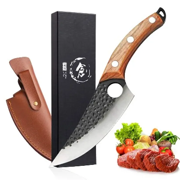 Viking Knife Meat Cleaver Knife Hand Forged Boning Knife with Sheath Butcher Knives High Carbon Steel Fillet Knife Chef Knives for Kitchen, Camping, BBQ