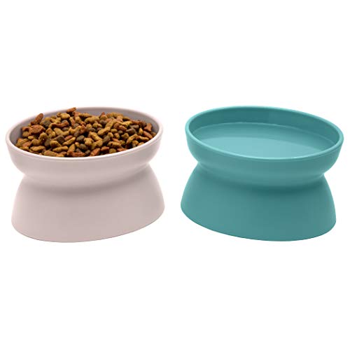 Kitty City Raised Cat Food Bowl Collection/Stress Free Pet Feeder and Waterer and Slow Feed Bowls - 2 Bowls/Pastel