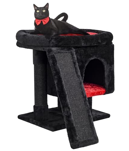 SYANDLVY Small Cat Tree for Indoor Cats, Cat Tower with Scratching Post, Modern Activity House for Large Cats, Condo with Board, Kittens Cave - Black & Red