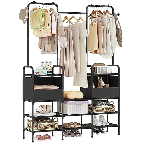 Laiensia Clothes Rack,3 Rods Portable Clothing Hanging Garment Rack,Coat and Shoe Rack with 9 Storage Shelves and 2 Storage Pockets,for Bedroom,Entryway,Living Room,Black - 2- bags - Black