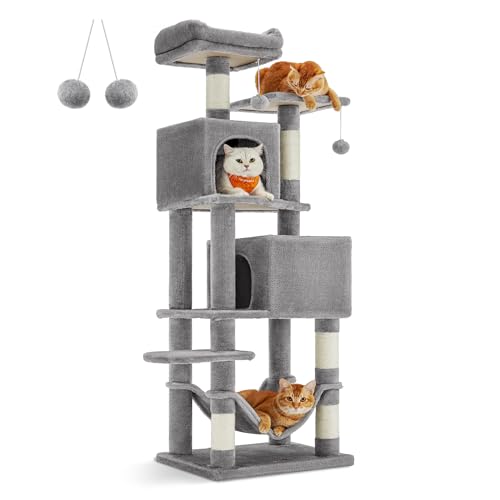 Feandrea Cat Tree, 61-Inch Cat Tower for Indoor Cats, Plush Multi-Level Cat Condo with 5 Scratching Posts, 2 Perches, 2 Caves, Hammock, 2 Pompoms, Light Gray UPCT192W01 - L (19.3 x 15.7 x 61 Inches) - Light Gray