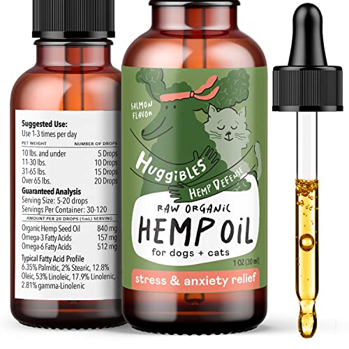 Huggibles Organic Hemp Oil Drops for Cats and Dogs Calming Stress & Anxiety Support Omega 3 & 6 for Arthritis Inflammation and Joint Support | Liquid Drops Pet Supplement