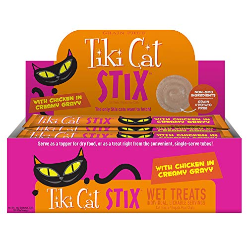Tiki Cat Stix Mousse Treats, Single Serve Indulgent Lickable Treat or Dry Food Topper, with Chicken in Creamy Gravy, 0.5 oz. Pouch (Pack of 20) - Chicken - 10 Ounce (Pack of 1)