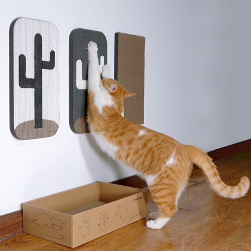 Miwoowim 4 Pcs Cat Scratcher Wall Mounted Scratch Pad +Cat Scratcher Box Door Cat Nail File Scratcher for Wall Modern Cute Cardboard Vertical Cat Scratching Post, Furniture Protector
