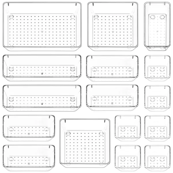 Puricon 16 Pcs Desk Drawer Organizers Trays Set Clear Plastic Storage Bins Bathroom Drawer Tray Dividers Vanity Trays Organizer for Bedroom Dresser Makeup Kitchen Utensil Office
