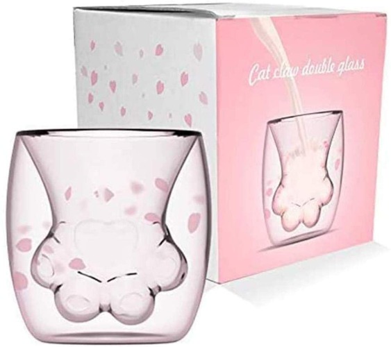 Sakura Coffee Mug Double Wall Glass Cup Cat Claw Cup Heat-Resistant Handmade Creative Milk Mug Tea Whiskey Cup