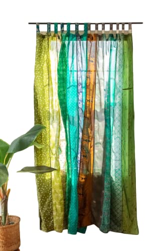 RAJBHOOMI HANDICRAFTS Home Decorative Silk Sari Curtains - Unique Patchwork Design - Light Filtering Window Panels for Living Room and Bedroom - 84 inch Length, (Green Color) - Green