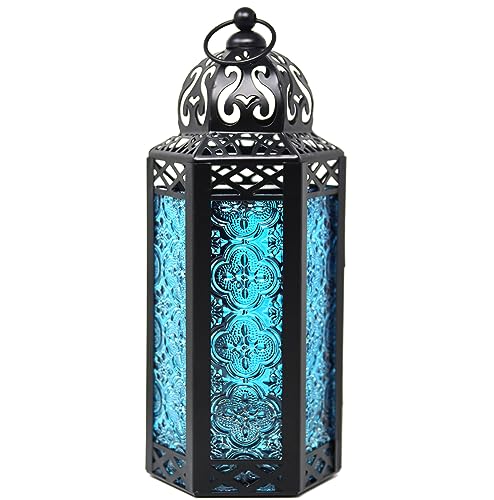 Vela Lanterns Marokkanische Lampenlaterne, dekorativer Kerzenhalter für Innen- und Außenbereich, Heimdekoration, Terrasse, Hochzeiten, schwarzes Metall, blaues Glas, mittelgroß - Blau - Mittel