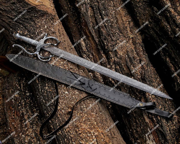 Hand Forged Damascus Steel Rapier Sword With Leather Sheath