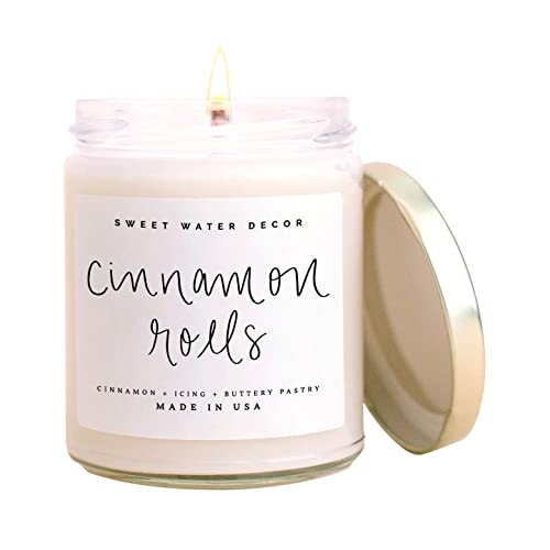 Sweet Water Decor Cinnamon Roll Candle | Cinnamon, Icing, Buttery Pastry Fall Scented Soy Candles for Home | 9oz Clear Jar, 40 Hour Burn Time, Made in the USA - Cinnamon Rolls