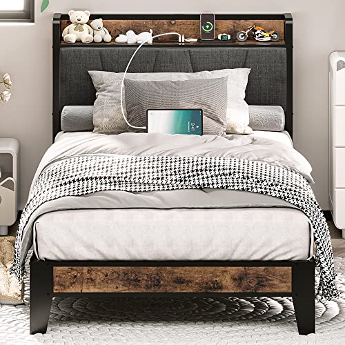 LIKIMIO Twin Bed Frames, Storage Headboard with Charging Station, Solid and Stable, Noise Free, No Box Spring Needed, Easy Assembly - TWIN - Vintage Brown and Grey
