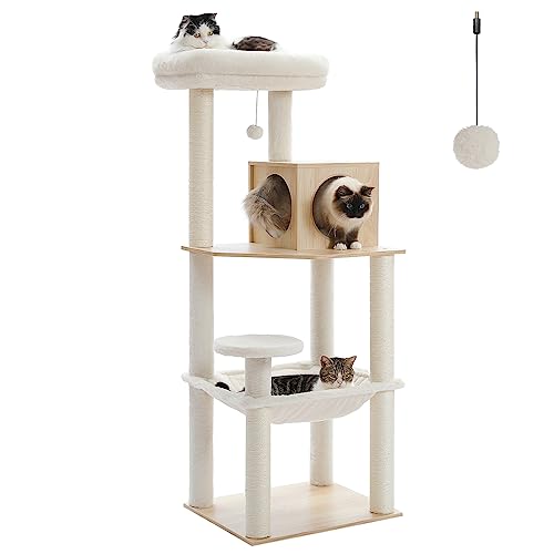 PETEPELA 56'' Cat Tree for Indoor Large Cats, 5-Level Cat Tower with Super Large Hammock (21.3''X17.3''), Sisal Covered Scratching Posts and Top Perch, Rabbit Milk Fur Beige - 56" Wood - Rabbit Fur Wood Beige