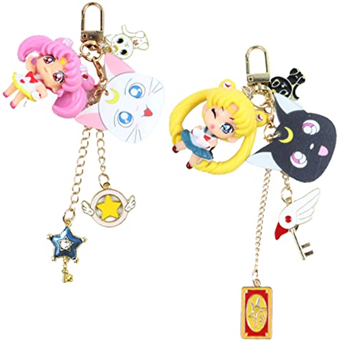 BESTZY Sailor Moon Schlüsselanhänger, 2PCS Mini Figur Keychain, 3D Cute Anime Keychain Cell Phone Bag Pendant Decoration Accessories Gift for Women Men Girls Boys