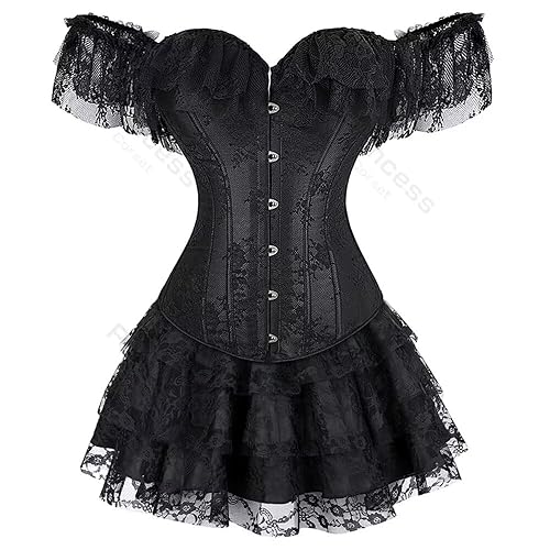 Jutrisujo Corset Dress Korsett Kleid Damen Top Set Corsage Korsage Vollbrust Spitze Lace Ärmel Weg Von Der Schulter Vintage - L - Schwarz