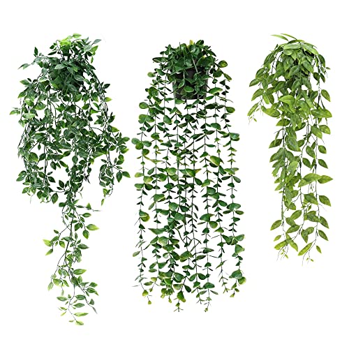 DXLing 3 Stück Künstliche Hängepflanzen mit Töpfen 63 cm 78 cm 80 cm Künstliche Pflanzen Rebe Künstliche hängende Efeupflanzen drinnen in Töpfen für Zuhause, drinnen und draußen