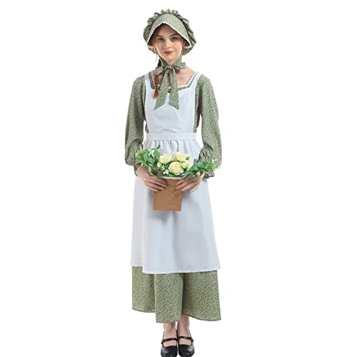 Nuoqi Women Prairie Dress American Colonial Pioneer Dress Adult Historical 1800s Amish Dress - Green - Large