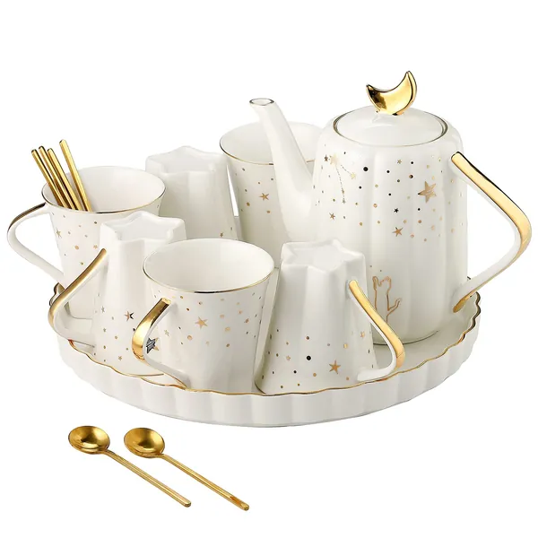 "Starry Moon" Ceramic Tea Set with Tea pot,DERUI CREATION Coffee Cup Set with 6oz Cups,Afternoon Tea Time Serving (White)