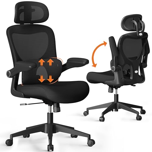SUNNOW Mesh Office Chair, Ergonomic Desk Chair with Adjustable Lumbar Support & Flip-up Armrest, Comfort Wide Seat, High-Back Computer Task Chair for Home Office Student - Black Mesh