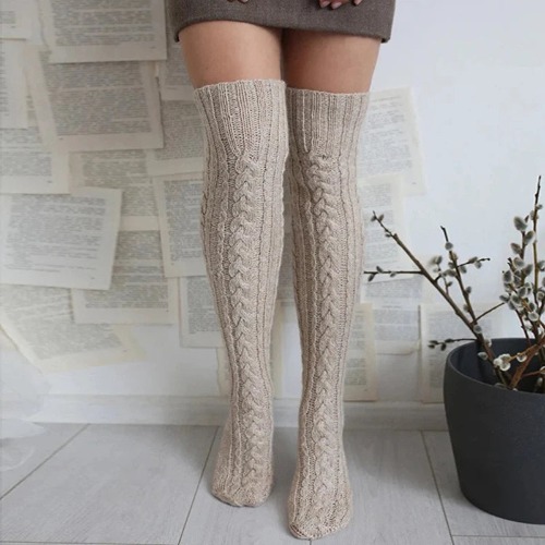 Cosy Thick Cable Knit Over Knee Socks - Coffee / One Size