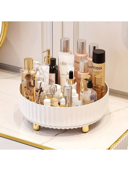 1pc 360 degree desktop rotating cosmetic storage box, large capacity makeup box, plastic circular skincare display box, multifunctional makeup box, skincare storage box, plastic makeup brush storage box, kitchen supplies, rotatable storage tray, salt, sauce and vinegar countertop storage rack, seasoning and seasoning rack seasoning box
