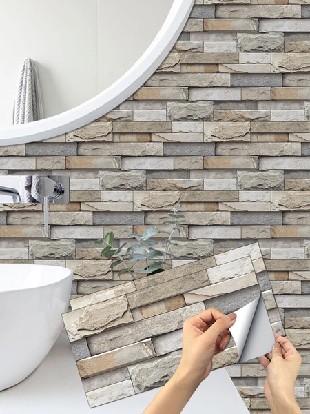 7pcs 3d Vinyl Self-adhesive Tile Stickers Artificial Pebble Ceramic Tile Wallpaper Waterproof Kitchen Bathroom Home Wall Decor, 5.5x11 Inches