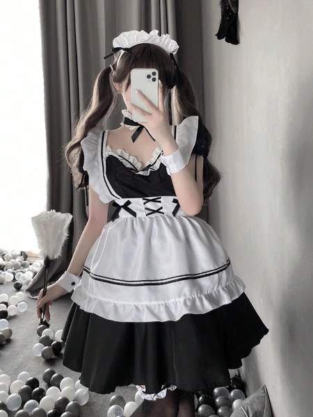 Sexy Lingerie Japanese Style Apron Lolita Maid Costume With Hollow Out Design And Bowknot Ribbon