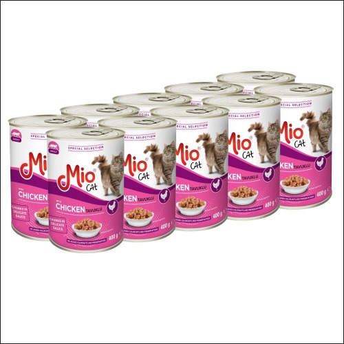 Premium wet food, for adult cats, Complete, Mio Cat, with chicken pieces, in delicious sauce, pack of 10 cans 400 g