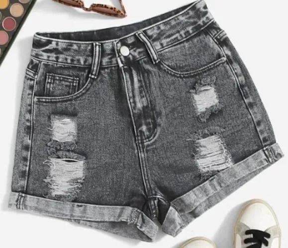 Roll Up Hem Ripped Denim Shorts