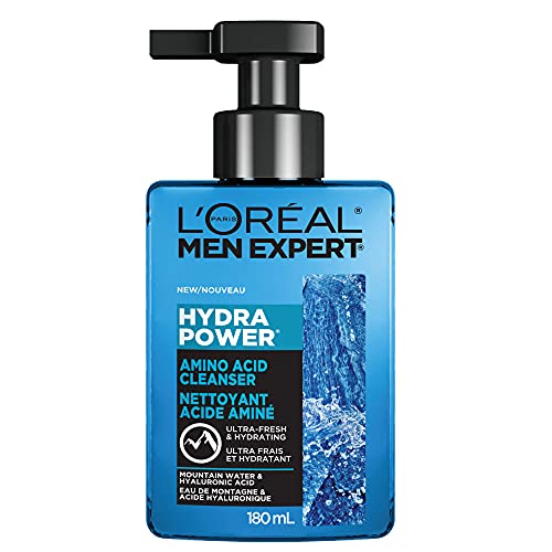 L'Oreal Paris Men Expert Daily Face Cleanser with Amino Acid and Hyaluronic Acid, Fresh and Hydrating, Hydra Power Skincare, Removes Excess Oil and Purifies, For Normal to Dry Skin, 180 mL - Hydra Power Amino Acid Cleanser, 180mL