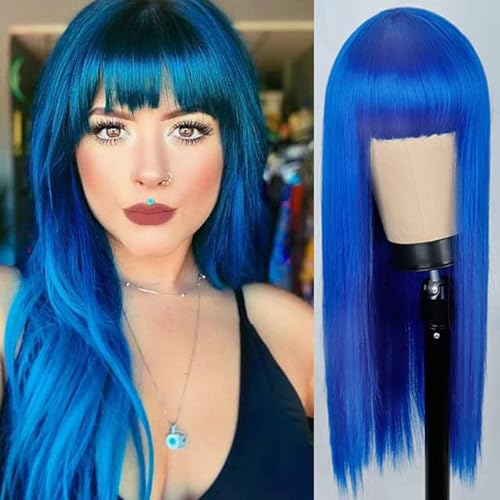Kaneles Blue Wig Long Straight Hair with Bangs Natural Wig for Women Synthetic Heat Resistant Fiber Cosplay Party Show (Blue) - Blue