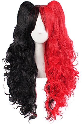 MapofBeauty Multi color Lolita Long Curly Clip on Ponytails Cosplay Wig (Black/Red) - Black/Red