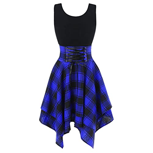 EOPUING Skater Dresses for Women,Summer Casual Lace-up Gingham Tank Dress Layered High Waist Pleated Dress for School Girl - Large - Blue