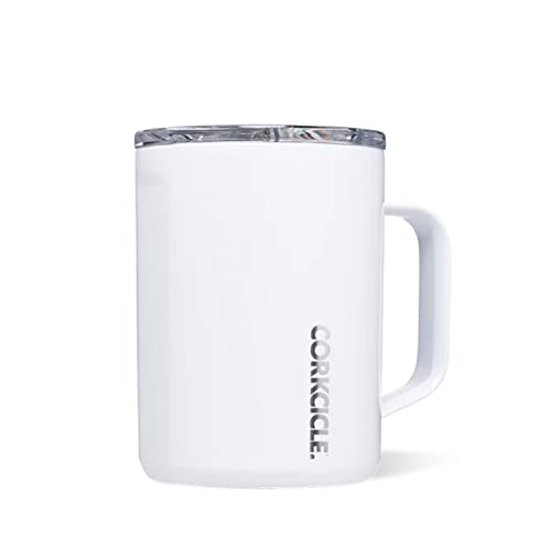 Corkcicle Origins Travel Coffee Mug - Triple Insulated Stainless Steel Cup with Handle for Tea, Hot Chocolate, Coffees, & More - Spill Proof, Reusable, Dishwasher Safe - Gloss White, 475ml/16oz - Gloss White