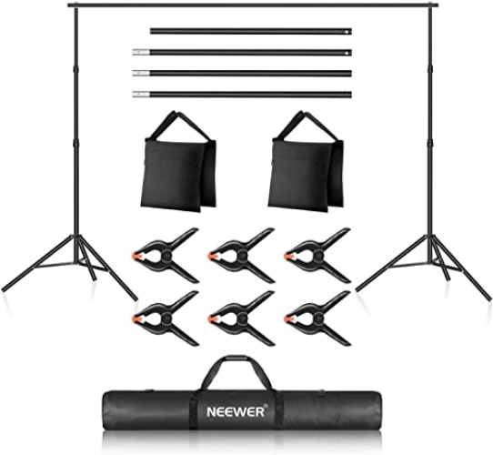 Neewer Photo Studio Backdrop Support System, 10ft/3m Wide 6.6ft/2m High Adjustable Background Stand with 4 Crossbars, 3 Backdrop Clamps, 2 Sandbags, and Carrying Bag for Portrait & Studio Photography - Black