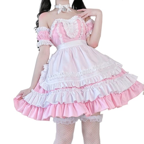jrswai Womens Japanese Anime Maid Cosplay Costume Sweet Halloween Party Dress Outfit - Small Pink