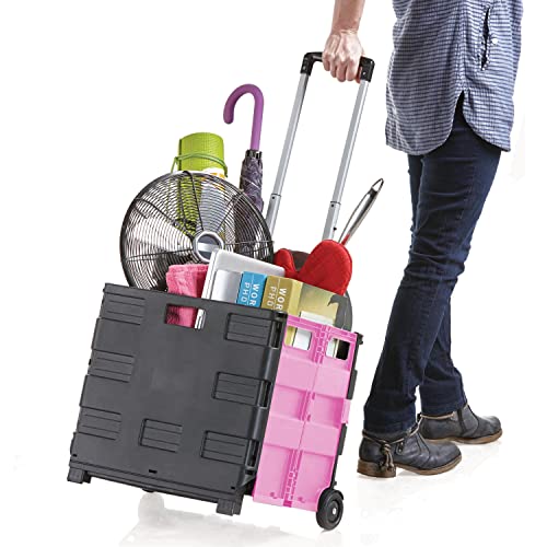Inspired Living Ultra-Slim Rolling Collapsible Storage Pack-N-Roll Utility-carts, with Telescopic Handle, for Home, Garden, Shopping, Office, School use, Large, Pink & Black - Pink - Large