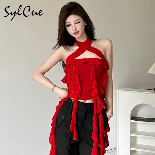 14.47US $ 50% OFF|Sylcue Solid Color Tight Sexy Sweet Gentle Fashionable Personality High Street Cool Hot Women's Ruffled Hem Backless Vest| |   - AliExpress