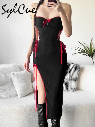 15.84US $ 50% OFF|Sylcue 2023 Winter Black Mysterious Sexy Mature Beautiful Street Women'S Drawstring Hollow Straight Tube Split Wrap Chest Dress| |   - AliExpress