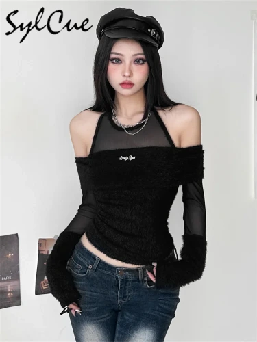 11.55US $ 50% OFF|Sylcue 2023 Winter New Patchwork Elegant Mature Charm Black Mysterious Sexy All match Casual Women's Branding Top Halter Shirt| |   - AliExpress