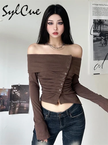 14.3US $ 50% OFF|Sylcue Solid Color Simple Casual Knowledge Sweet Gentle Mature Sexy All match Autumn Street Women's Thin Shoulder Thin Top| |   - AliExpress