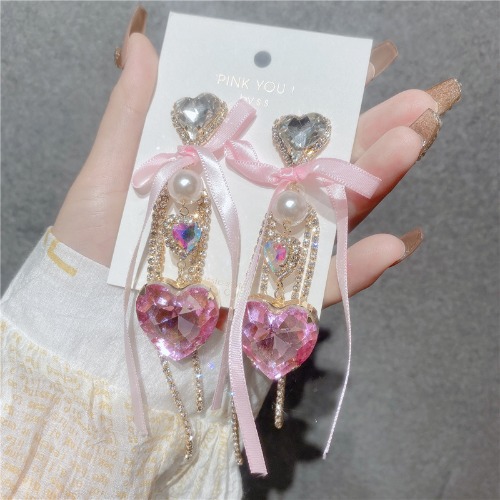 Pink love ribbon long earrings