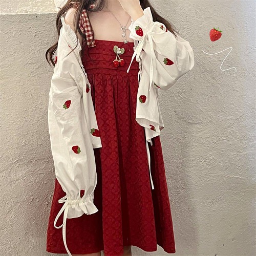 Two-Piece Cute Sling Dress + Ruffled Strawberry Sunscreen Jacket