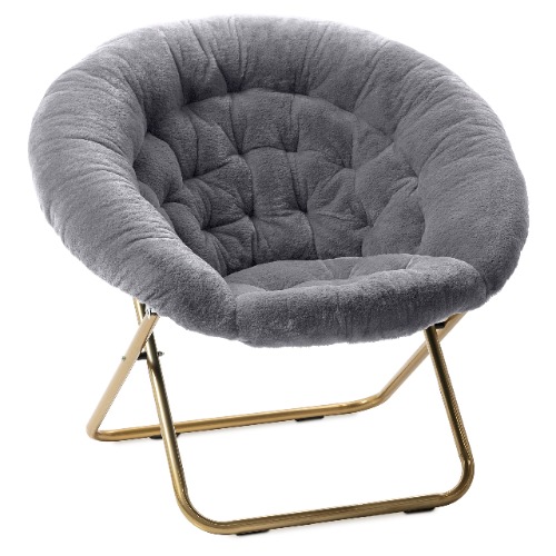 Milliard Relaxstoel, Cozy stoel voor woonkamer of slaapkamer, opvouwbare klapstoel met grijze vacht en gouden metalen poten