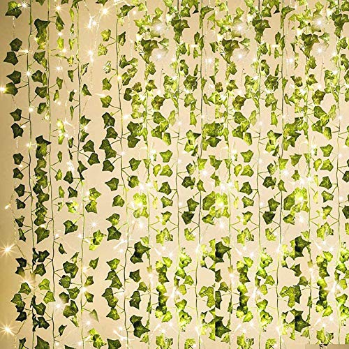 KASZOO 84Ft 12 Pack Artificial Ivy Garland Fake Plants Vine Hanging Garland with 80 LED String Light Hanging for Home Kitchen Garden Office Wedding Wall Decor Green - 12 Pack