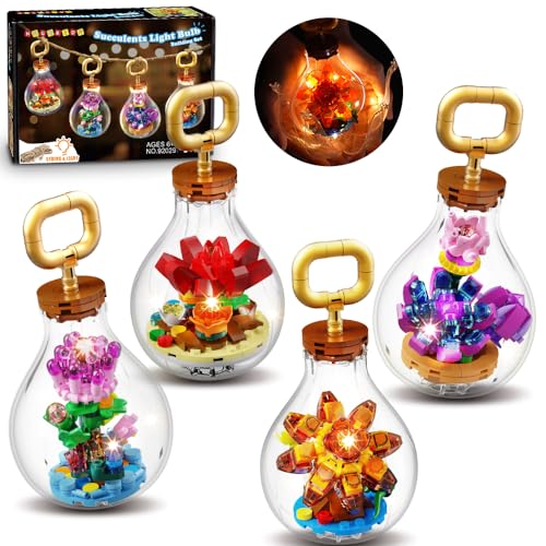 HOGOKIDS Succulents Bulb Building Set with LED Light & String, 4 Pack Succulent Building Blocks Flowers Botanical Collection Home Party Decoration Christmas Idea Gift for Adults Girls Age 6 7 8 9 10+ - Flowers Building Set