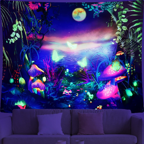 Dremisland Blacklight Mushroom Tapestry Galaxy Moon Tapestry UV Reactive Black Light Poster Plant Landscape Backdrop Butterfly Aesthetic Tapestries Wall Hanging Bedroom Home Decor