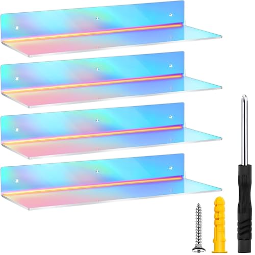 Rainbow Iridescent Acrylic Shelves Floating Wall Ledge Bookshelf Wall Mounted Shelf Display Organizer for Kids Room Bathroom Bedroom Living Room Nursery Office Kitchen (4 Pieces) - 4